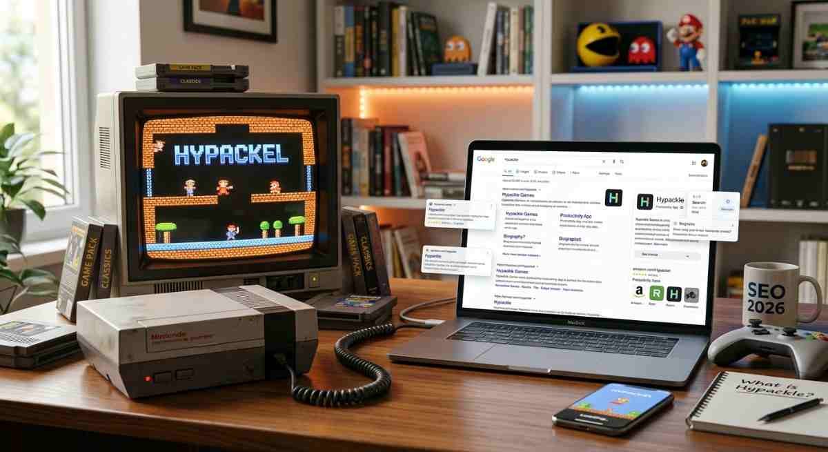 Hypackle gaming brand search results illustration showing gaming controller and laptop screen